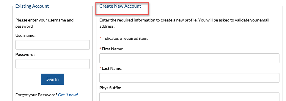 Screen shot of and excerpt of the Create new account screen with Create New Account highlighted